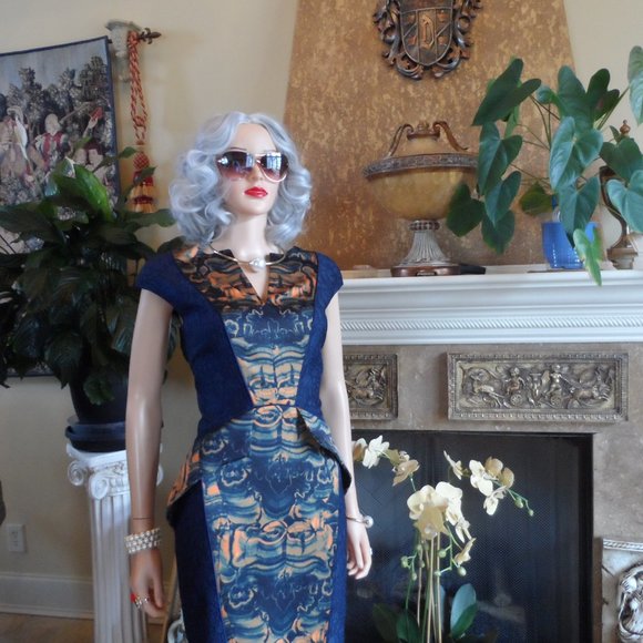 New Fotini Navy Blue Lace Dress w/Orange-Blue Abstract Print Inserts Size 8 - Picture 4 of 16